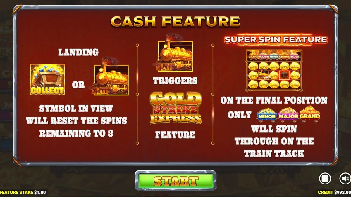 Gold Strike Express slot machine interface featuring mining theme and train tracks