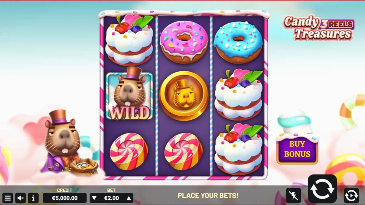 Tampilan visual cerah dan penuh warna dari slot Candy Treasures 3 Reels
