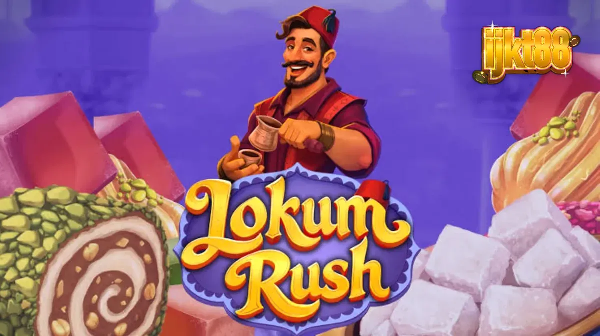 Tampilan layar permainan slot Lokum Rush dengan tema toko manisan Turki yang penuh warna, menampilkan simbol permen dan pengganda yang berjatuhan.